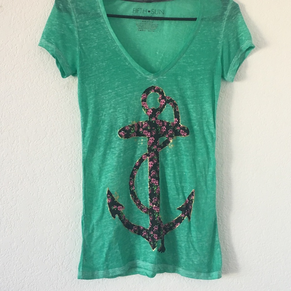 Green V-Neck Anchor Graphic Tee